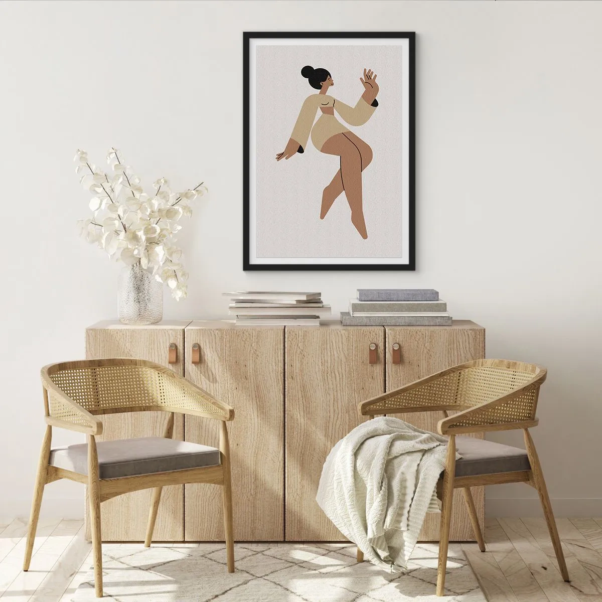 Plakat i sort ramme - En minimalistisk illustration af en kvindefigur i bevægelse. - 50x70cm - Form af nåde - Moderne vægdekoration til stue og soveværelse ARTTOR