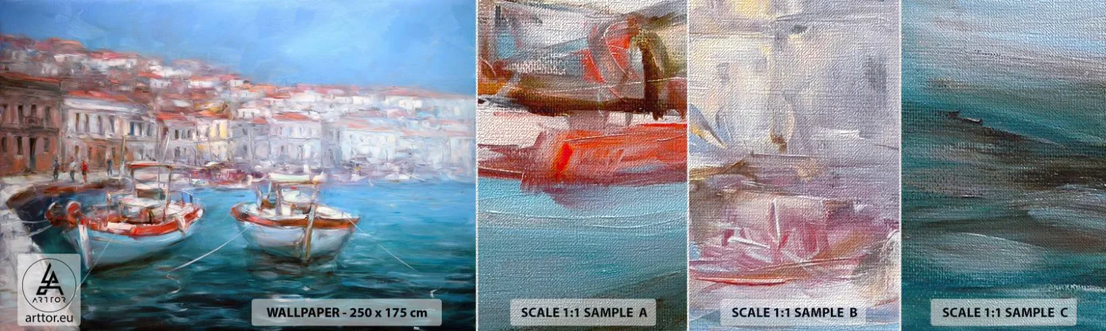 Prøve Fototapet Premium Canvas - Italiensk bugt - Havneby, Arkitektur, Grækenland - 100x30 cm