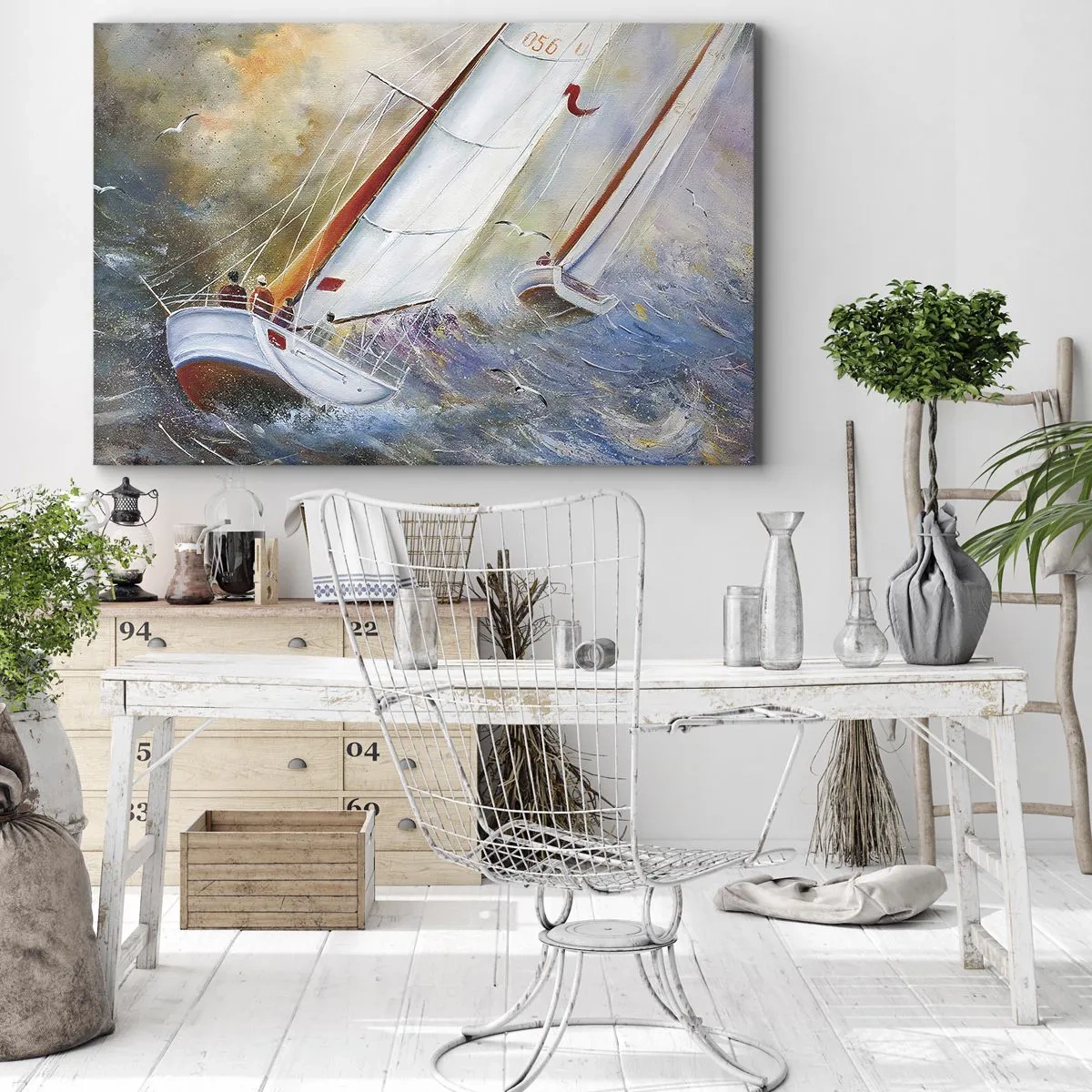 Lærredstryk - Billede på lærred - Sejlbåde på barske bølger i en dynamisk komposition - 70x50cm - Løber på bølgerne - Moderne vægdekoration til stue og soveværelse ARTTOR