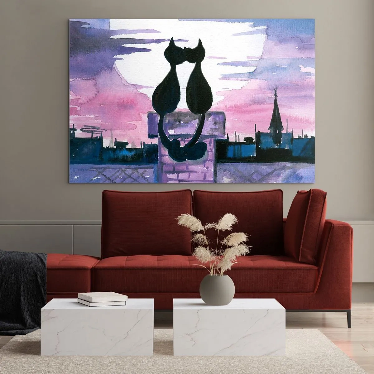 Billede på glas - Silhuetter af to katte mod den nedgående sol - 70x50cm - Rendez-vous under månen - Moderne vægdekoration til stue og soveværelse ARTTOR