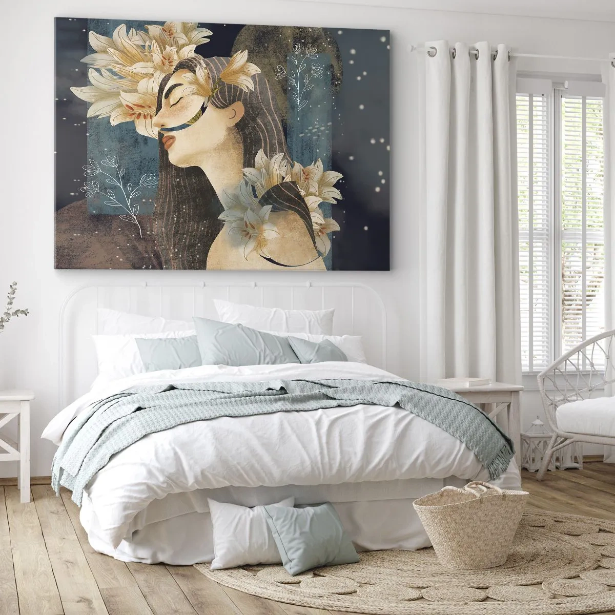 Lærredstryk - Billede på lærred - Portræt af en kvinde med blomster i kunstnerisk stil på en mørk baggrund - 70x50cm - Eventyret om prinsessen med liljerne - Moderne vægdekoration til stue og soveværelse ARTTOR