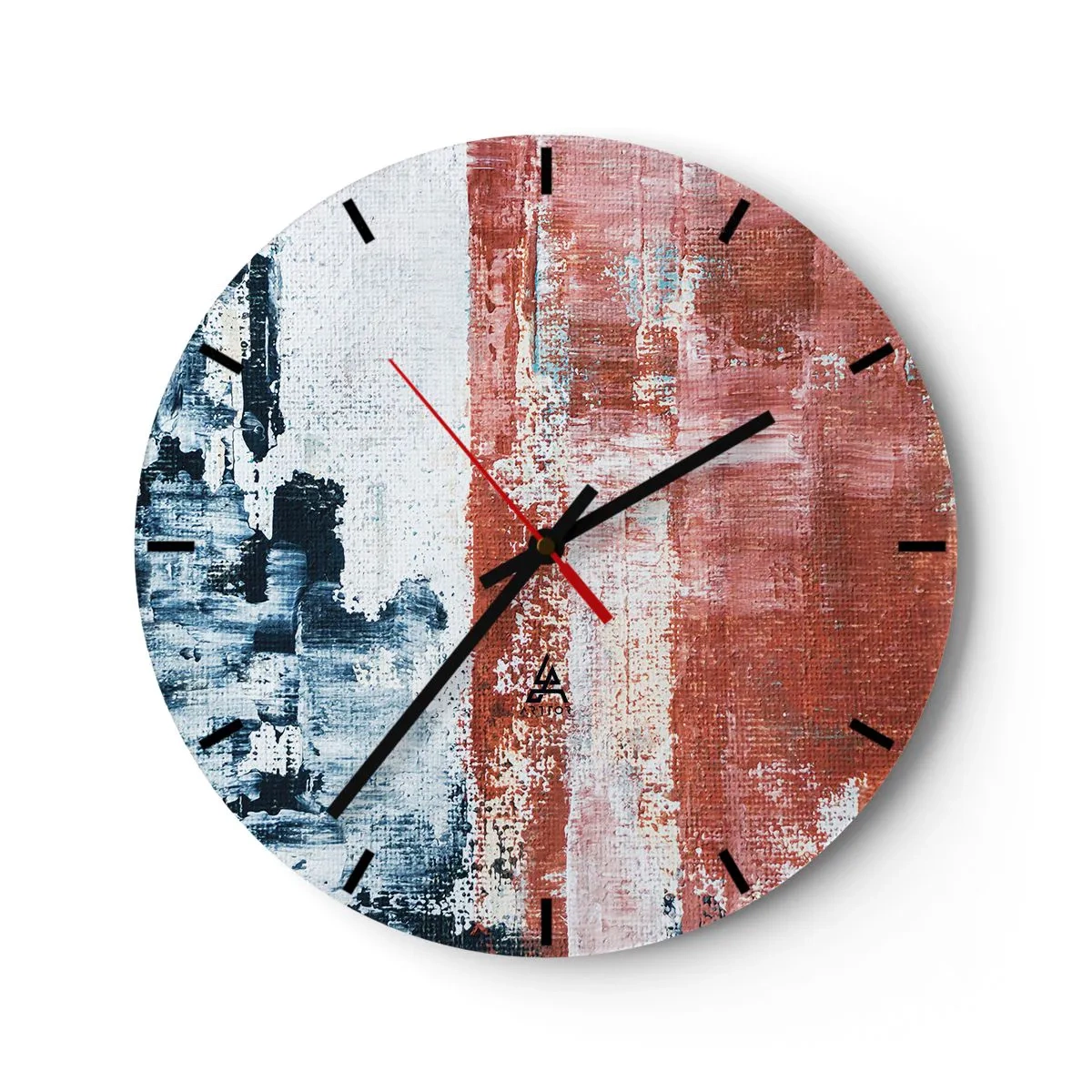 Vægur, Uret - Abstrakt komposition i nuancer af blå og rød - 30x30cm - Abstrakt halvt og halvt - Moderne vægdekoration til stue, køkken og soveværelse ARTTOR