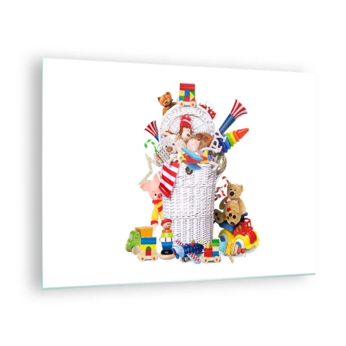 Billede på glas - En kurv fuld af farverigt legetøj på en hvid baggrund - 70x50cm - Småbørns skatte - Moderne vægdekoration til stue og soveværelse ARTTOR