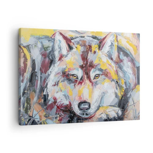 Lærredstryk - Billede på lærred - Kunstnerisk portræt af en ulv i intense farver - 70x50cm - Fred blandt kære - Moderne vægdekoration til stue og soveværelse ARTTOR