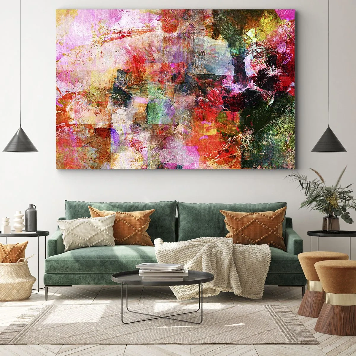 Lærredstryk - Billede på lærred - En abstrakt komposition med dominerende lyserøde og røde toner. - 70x50cm - En rejse gennem de forskellige - Moderne vægdekoration til stue og soveværelse ARTTOR