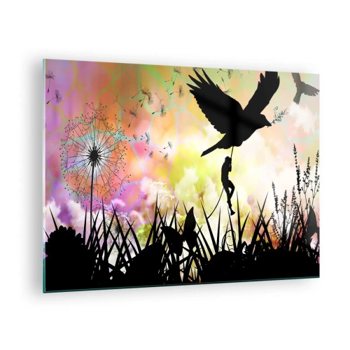 Billede på glas - Illustration af en figur, der klatrer på en fugl mod en baggrund af farverige blomster. - 70x50cm - I en eventyrlig atmosfære - Moderne vægdekoration til stue og soveværelse ARTTOR