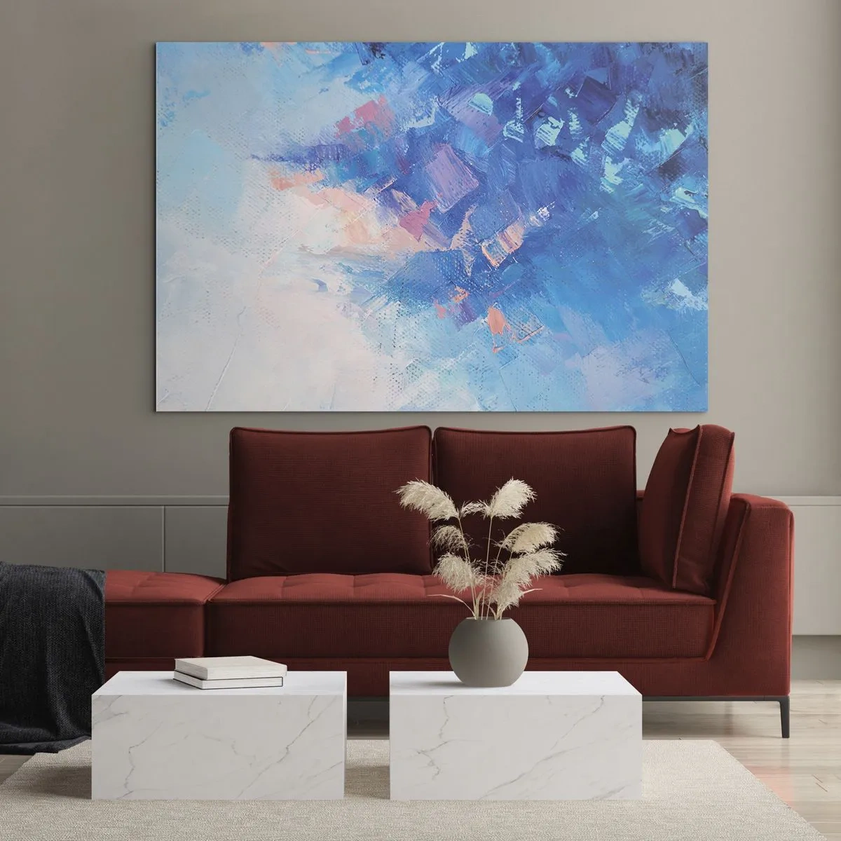 Billede på glas - Abstrakt vinterlandskab med kølige blå og bløde lyserøde nuancer - 70x50cm - Vinter abstraktion - Moderne vægdekoration til stue og soveværelse ARTTOR