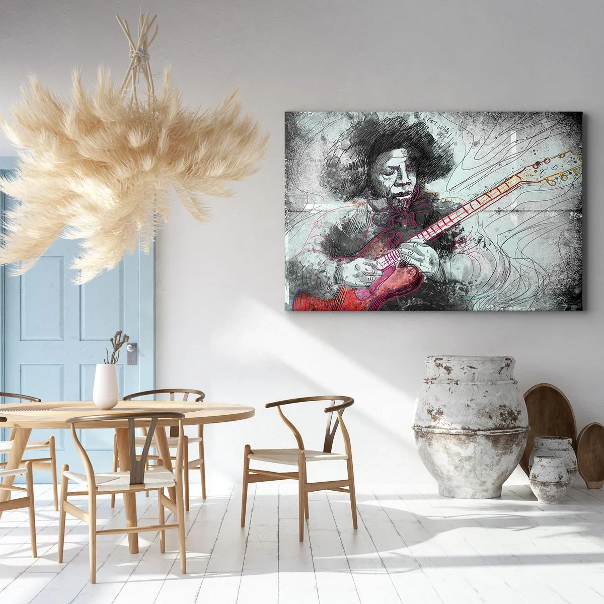 Lærredstryk - Billede på lærred - Kunstnerisk portræt af en guitarist i skitseteknik - 70x50cm - På musikkens bølger - Moderne vægdekoration til stue og soveværelse ARTTOR