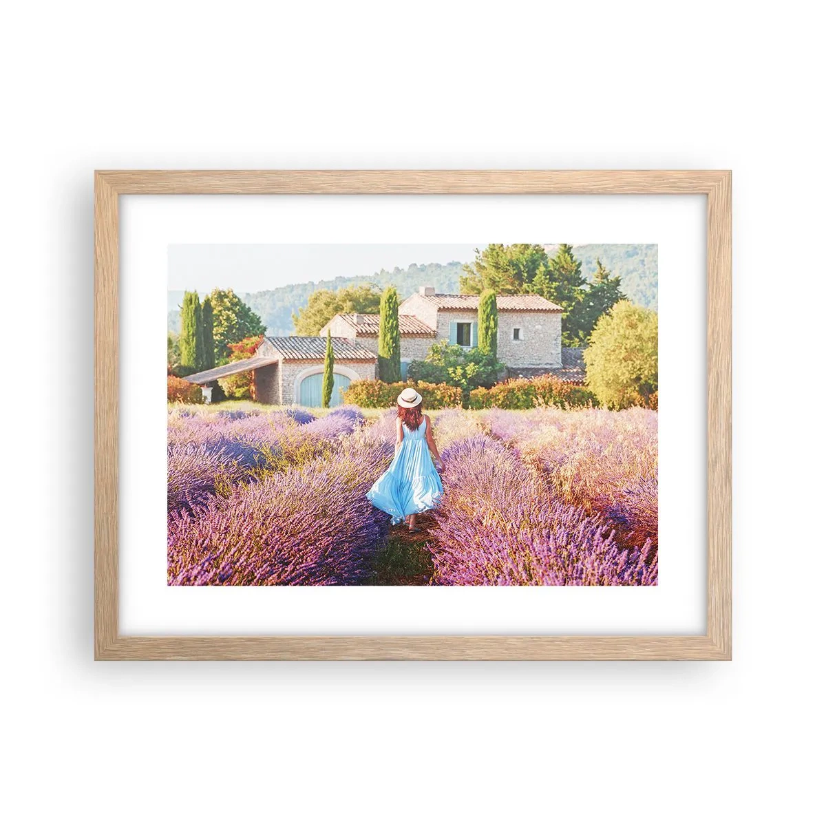 Plakat i ramme af lyst egetræ - Lavendel pige - 40x30 cm