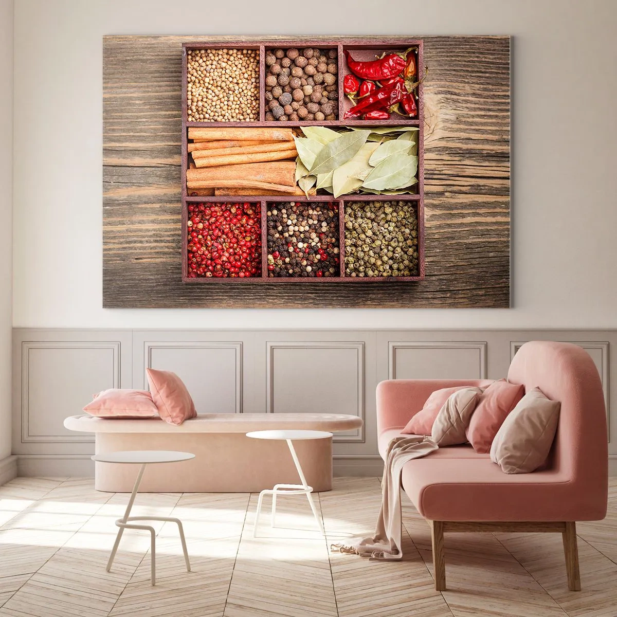 Billede på glas - Farverige krydderier i trærum - 70x50cm - Orden af former, duftbuket af aromaer - Moderne vægdekoration til stue og soveværelse ARTTOR
