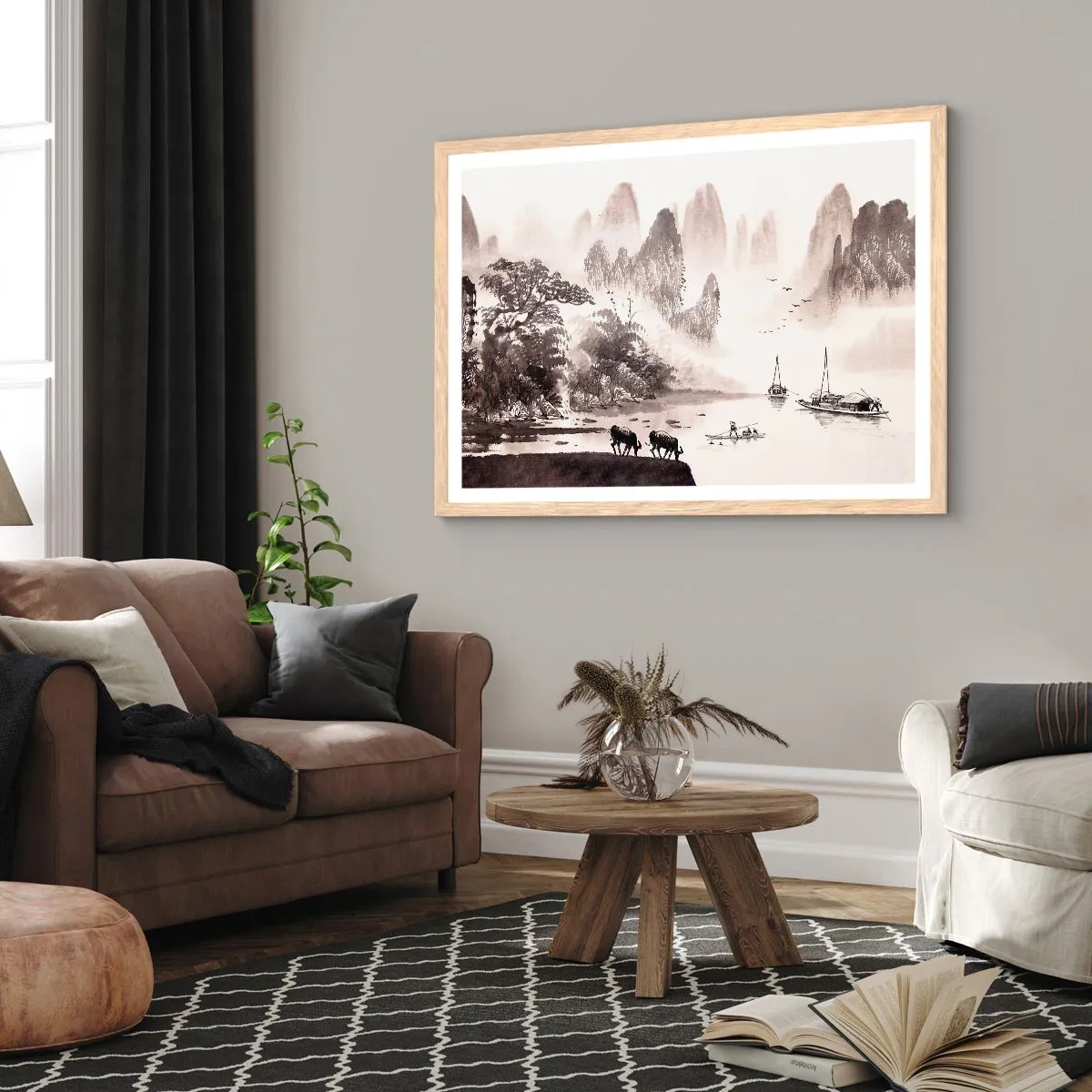 Plakat i ramme af lyst egetræ - Østens eksotiske hverdag - 50x40 cm