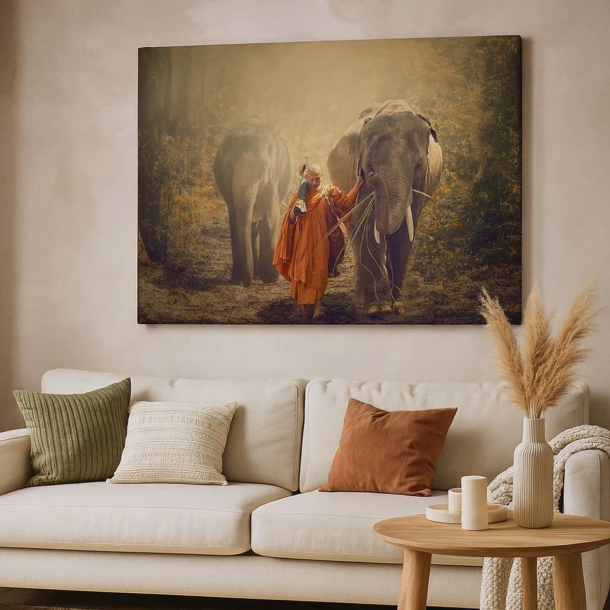 Lærredstryk - Billede på lærred - En munk i en orange kåbe leder en elefant i skoven. - 70x50cm - Fuld forståelse - Moderne vægdekoration til stue og soveværelse ARTTOR