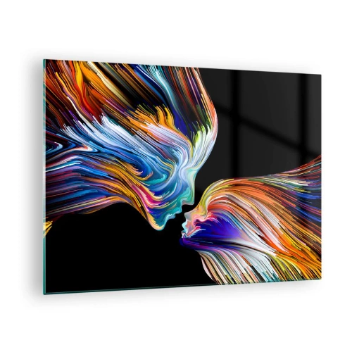 Billede på glas - Et abstrakt billede af to ansigter med en fusion af energi og lys. - 70x50cm - Fusion af energi og lys - Moderne vægdekoration til stue og soveværelse ARTTOR