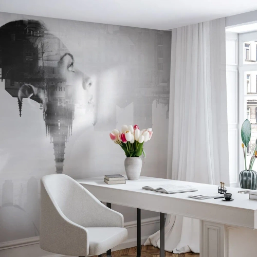Fototapet på mål Premium Sand - På begge sider af glasset - Abstraktion, Kvindens ansigt, Arkitektur