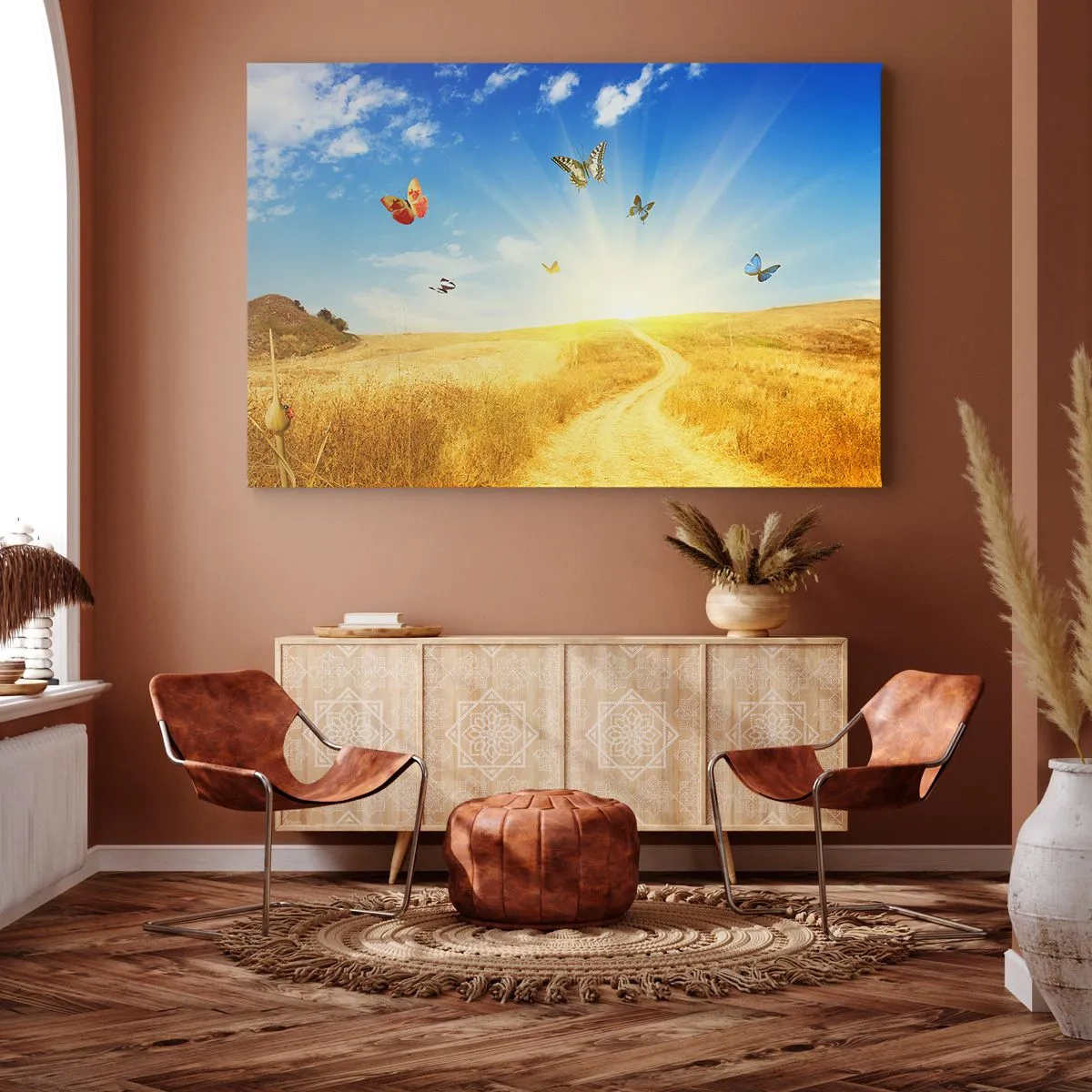 Lærredstryk - Billede på lærred - En gylden mark, en sti og sommerfugle mod en blå himmel - 70x50cm - Og hvordan kan man ikke elske sommeren? - Moderne vægdekoration til stue og soveværelse ARTTOR