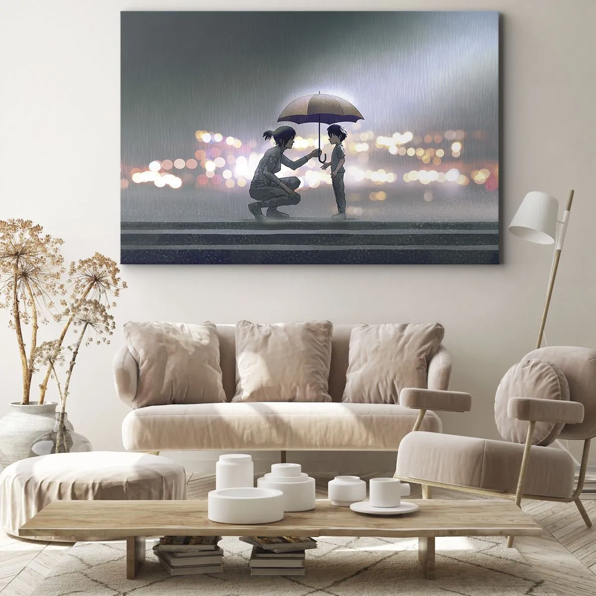 Lærredstryk - Billede på lærred - En figur med en paraply, der beskytter et barn mod en baggrund af nattelys. - 70x50cm - Og alt er godt nu - Moderne vægdekoration til stue og soveværelse ARTTOR