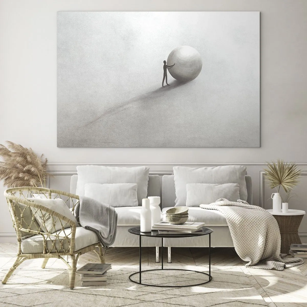 Billede på glas - En minimalistisk silhuet af en mand med en stor bold på en lys baggrund. - 70x50cm - Livets spil - Moderne vægdekoration til stue og soveværelse ARTTOR