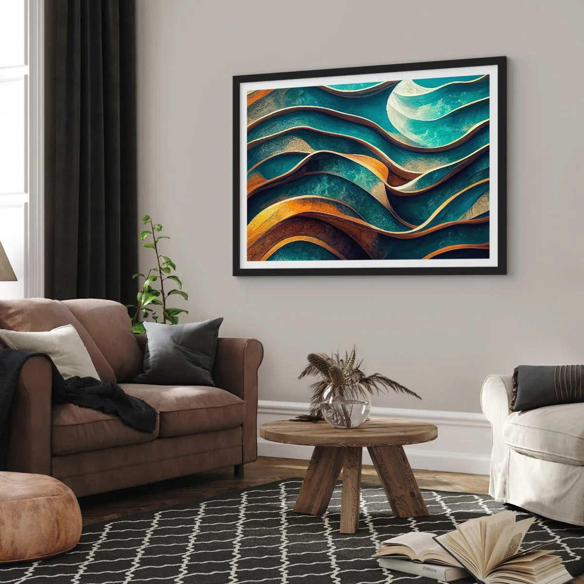 Plakat i sort ramme - Slyngninger af blåt - 70x50 cm