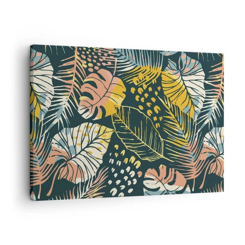 Lærredstryk - Billede på lærred - Farverige blade på en mørk baggrund - 70x50cm - Løvrig fantasi - Moderne vægdekoration til stue og soveværelse ARTTOR