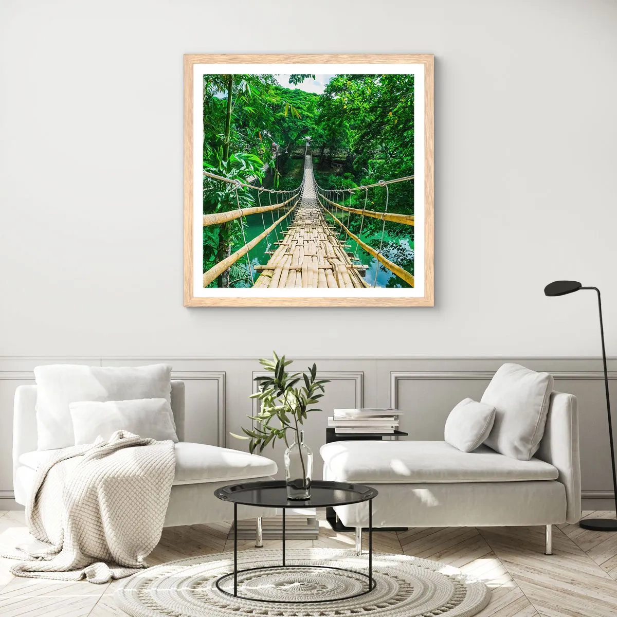 Plakat i ramme af lyst egetræ - Abebro over grønne områder - 50x50 cm