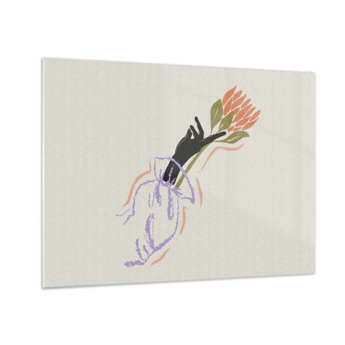 Billede på glas - En stiliseret hånd med en blomsterbuket tegnet med pastelfarvede linjer. - 70x50cm - En søsterlig berøring - Moderne vægdekoration til stue og soveværelse ARTTOR