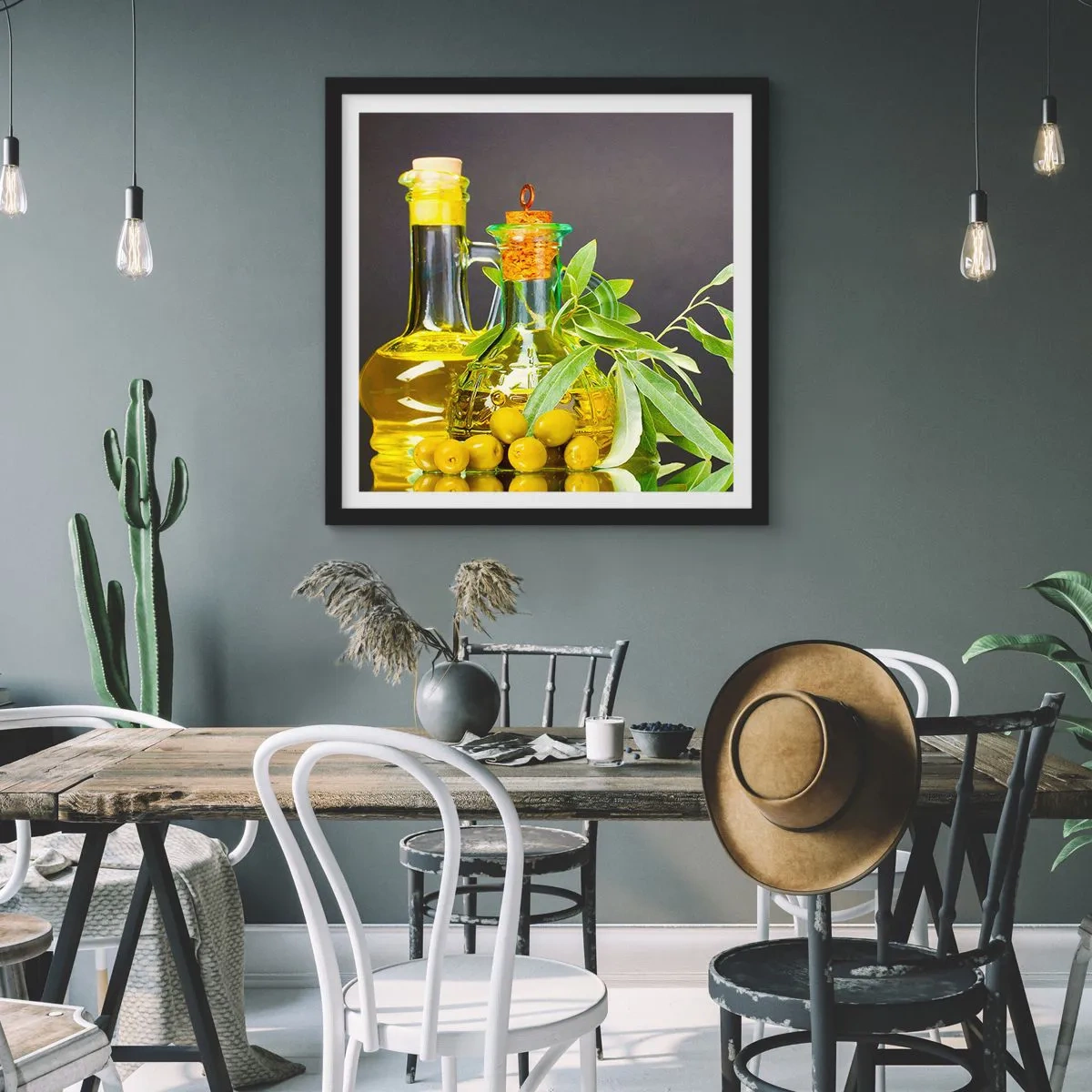 Plakat i sort ramme - Stilleben med oliven og olie - 30x30 cm