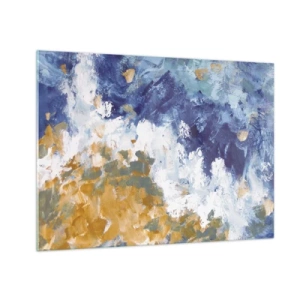 Billede på glas - Abstrakte malerstrøg i blå, hvid og guld - 70x50cm - Elementernes dans - Moderne vægdekoration til stue og soveværelse ARTTOR