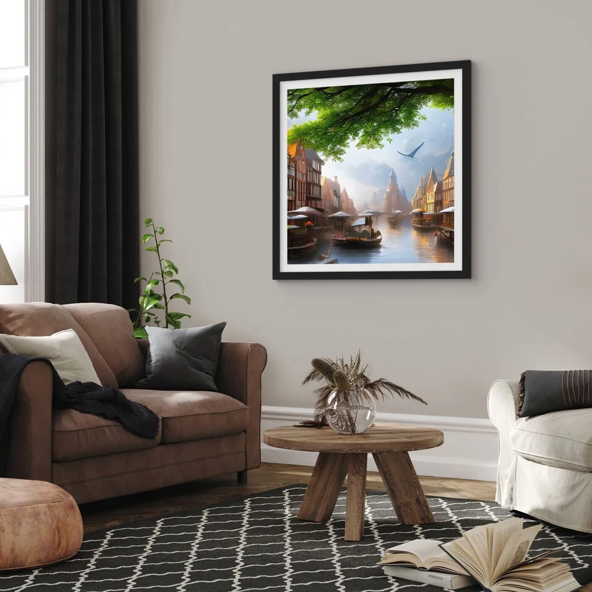 Plakat i sort ramme - Hollandsk bybillede - 30x30 cm