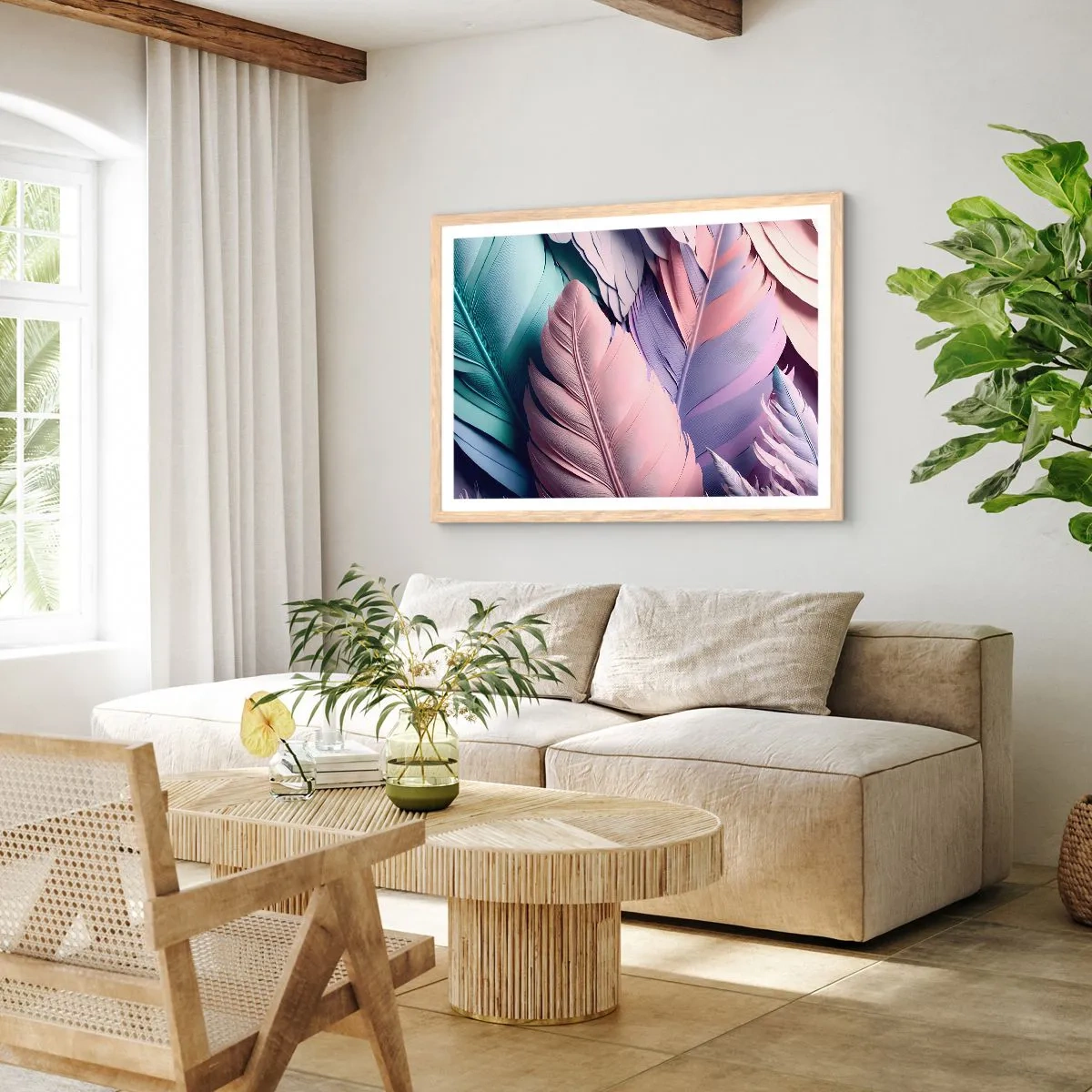 Plakat i ramme af lyst egetræ - Chik fugl - 40x30 cm