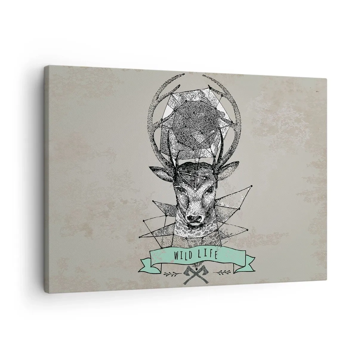 Lærredstryk - Billede på lærred - Hjortegeometri i vintagestil med Wild Life-skrift - 70x50cm - Synet af sankt Hubertus - Moderne vægdekoration til stue og soveværelse ARTTOR