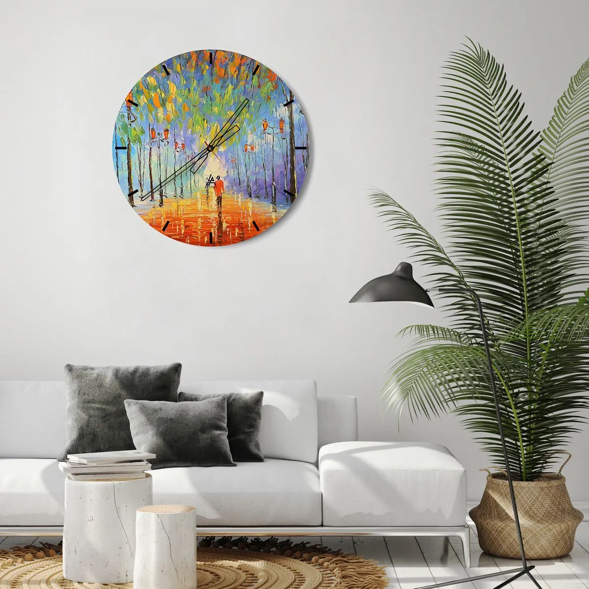Vægur, Uret - En farverig allé med træer og en person, der går i det fjerne - 30x30cm - Nattens sang om regnen - Moderne vægdekoration til stue, køkken og soveværelse ARTTOR