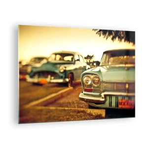 Billede på glas - Retrobiler i det varme solnedgangslys - 70x50cm - Vi må vente og se - Moderne vægdekoration til stue og soveværelse ARTTOR