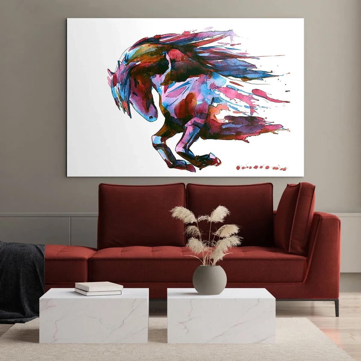 Billede på glas - Abstrakt hest i en dynamisk farvekomposition - 70x50cm - I henrykkelse - Moderne vægdekoration til stue og soveværelse ARTTOR