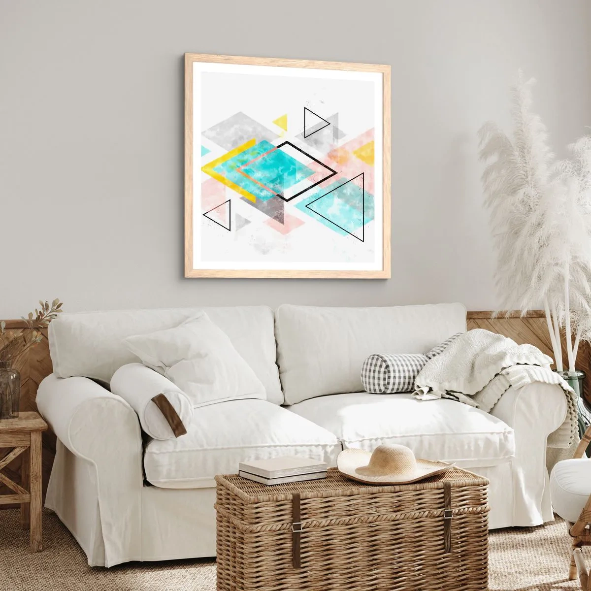 Plakat i ramme af lyst egetræ - Geometrisk leg - 50x50 cm