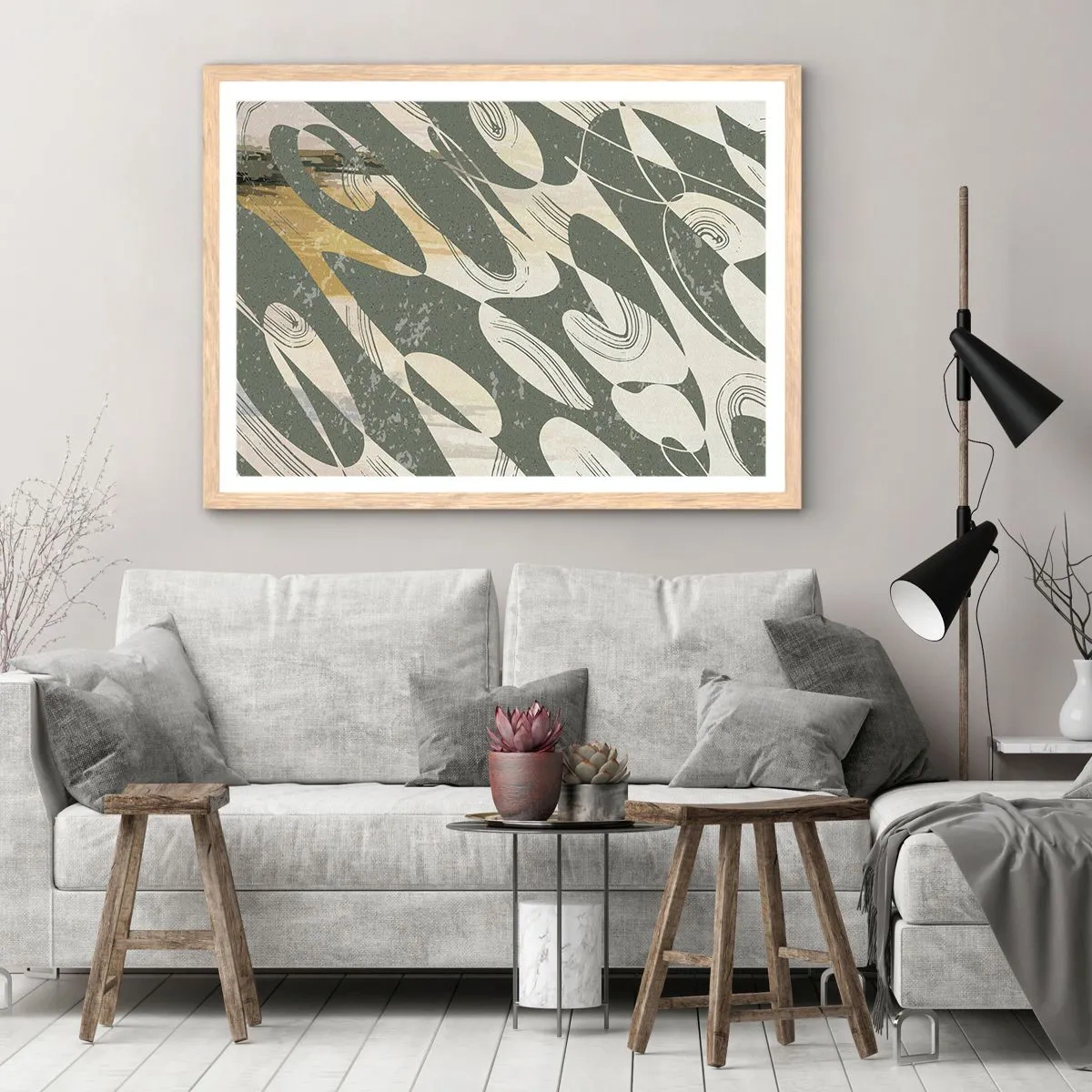 Plakat i ramme af lyst egetræ - Rytmisk abstraktion - 91x61 cm