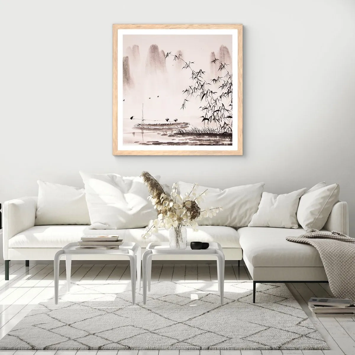 Plakat i ramme af lyst egetræ - Stilhed i rismarkerne - 60x60 cm