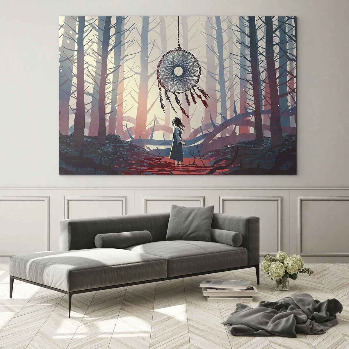 Billede på glas - En skikkelse i skoven ser på en stor drømmefanger, der svæver i luften. - 70x50cm - Det hemmelige ritual for lykke - Moderne vægdekoration til stue og soveværelse ARTTOR