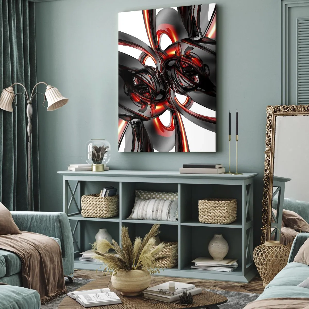 Lærredstryk - Billede på lærred - Bevægelse i grafit og rød - 50x70 cm