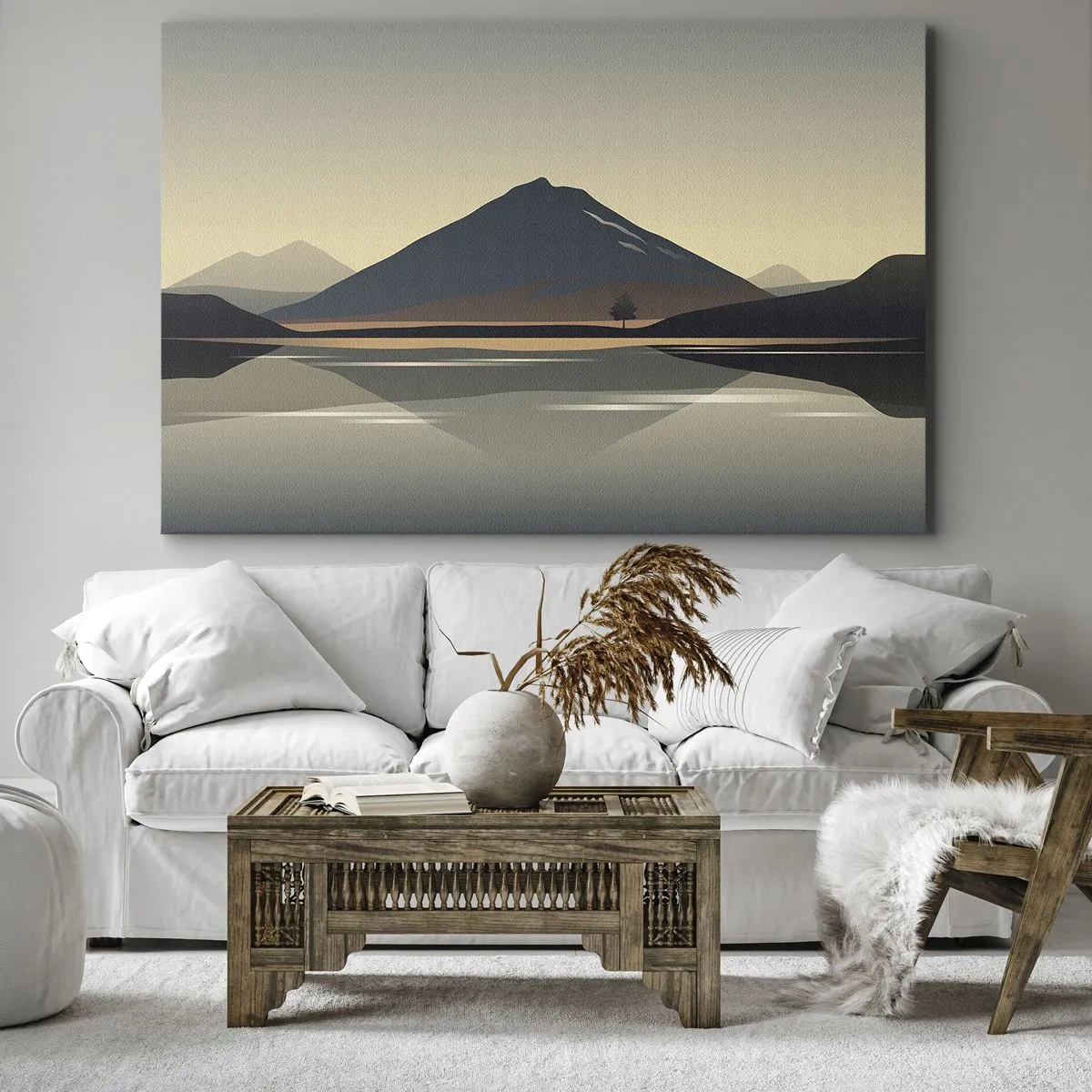 Lærredstryk - Billede på lærred - Minimalistisk bjerglandskab med spejling i vandet - 70x50cm - Spejlrefleksion - Moderne vægdekoration til stue og soveværelse ARTTOR