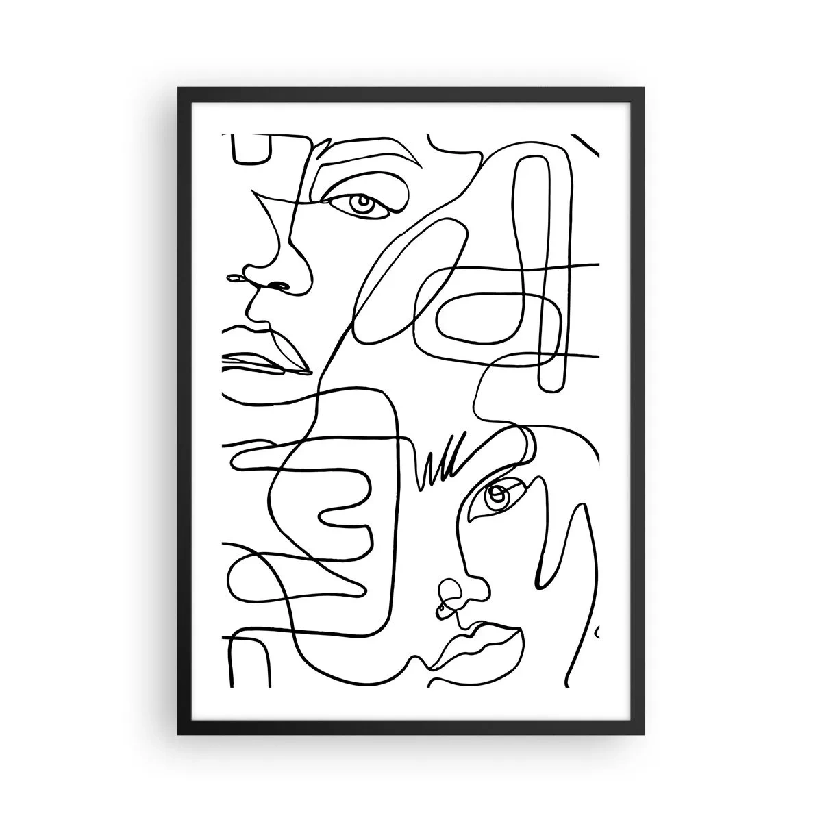 Plakat i sort ramme - Abstrakte ansigter tegnet med én linje - 50x70cm - I sammenfiltrede følelser - Moderne vægdekoration til stue og soveværelse ARTTOR