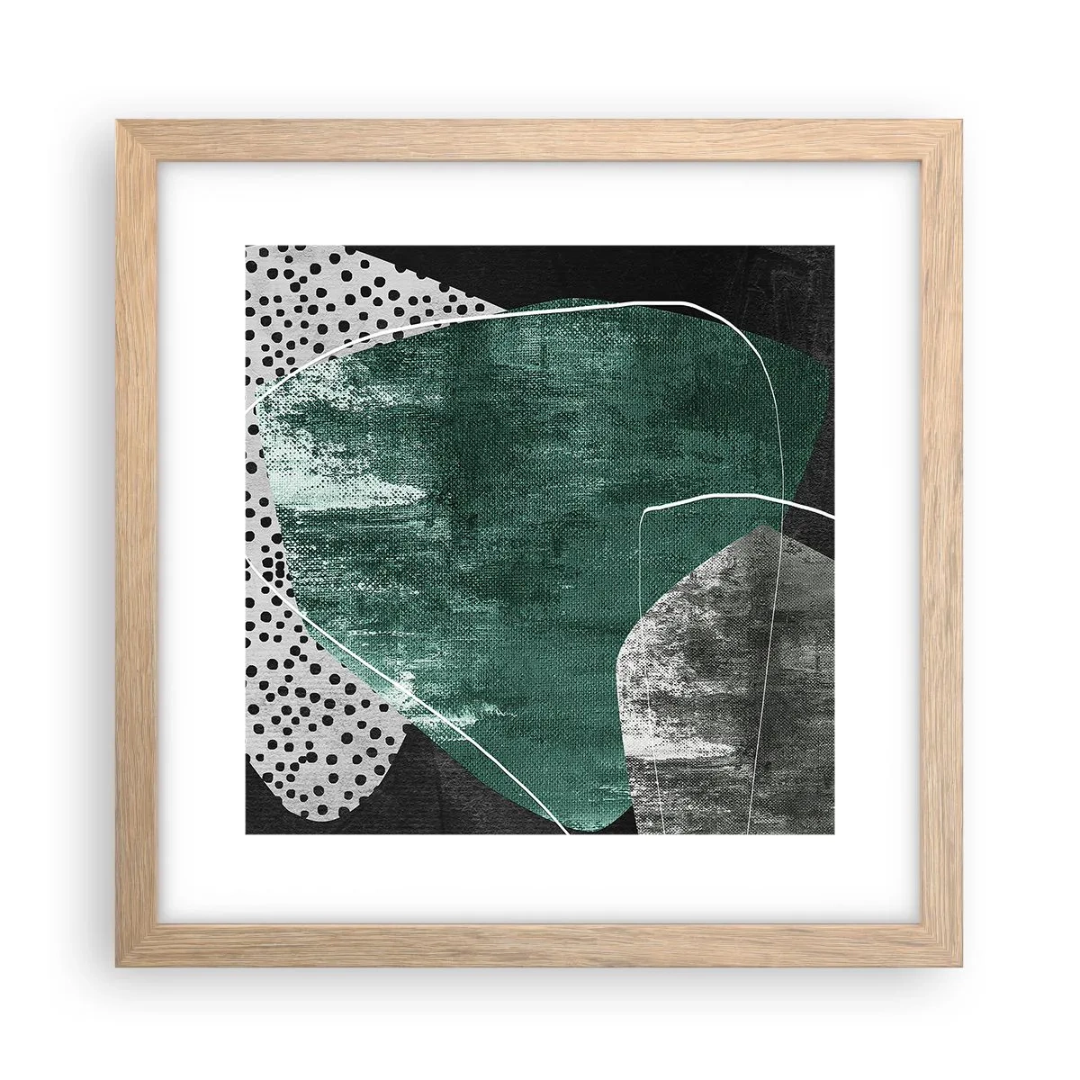 Plakat i ramme af lyst egetræ - Farverig abstraktion med en guldflager - 30x30 cm