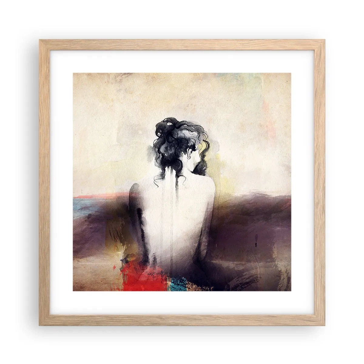 Plakat i ramme af lyst egetræ - Glatte linjer, ovale former - 40x40 cm