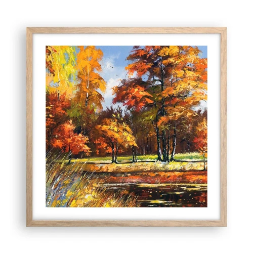 Plakat i ramme af lyst egetræ - Landskab i guld og bronze - 50x50 cm