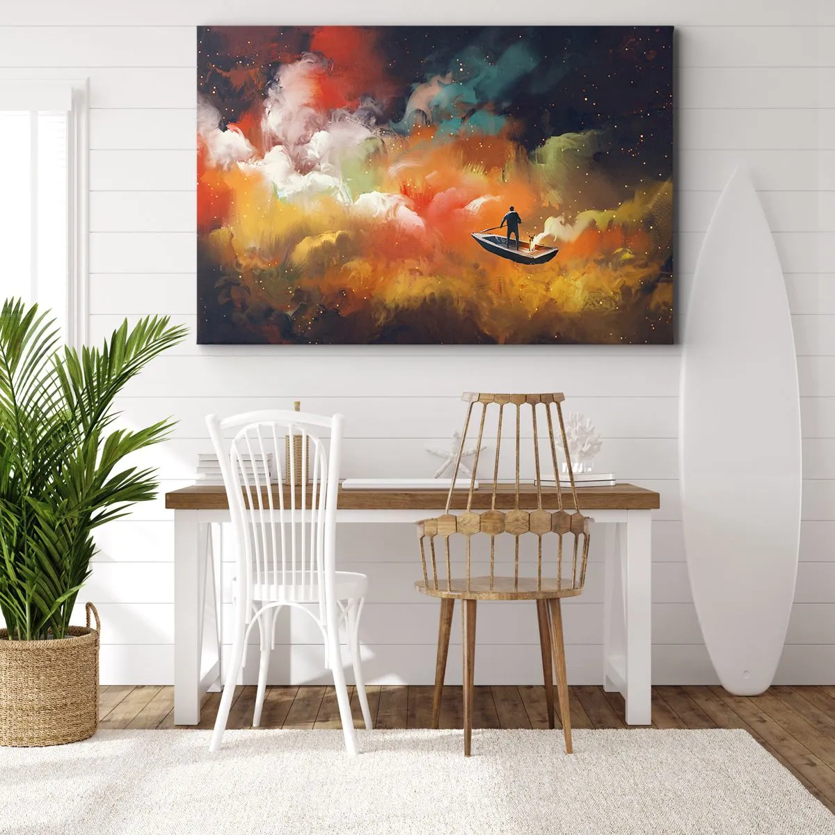 Lærredstryk - Billede på lærred - En figur i en båd mod en baggrund af farverige skyer - 70x50cm - Med båd gennem galaksen - Moderne vægdekoration til stue og soveværelse ARTTOR