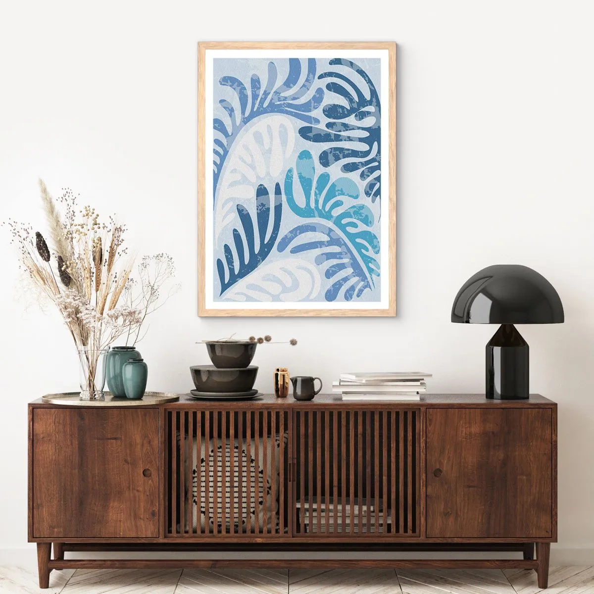 Plakat i ramme af lyst egetræ - Blå bregner - 40x50 cm