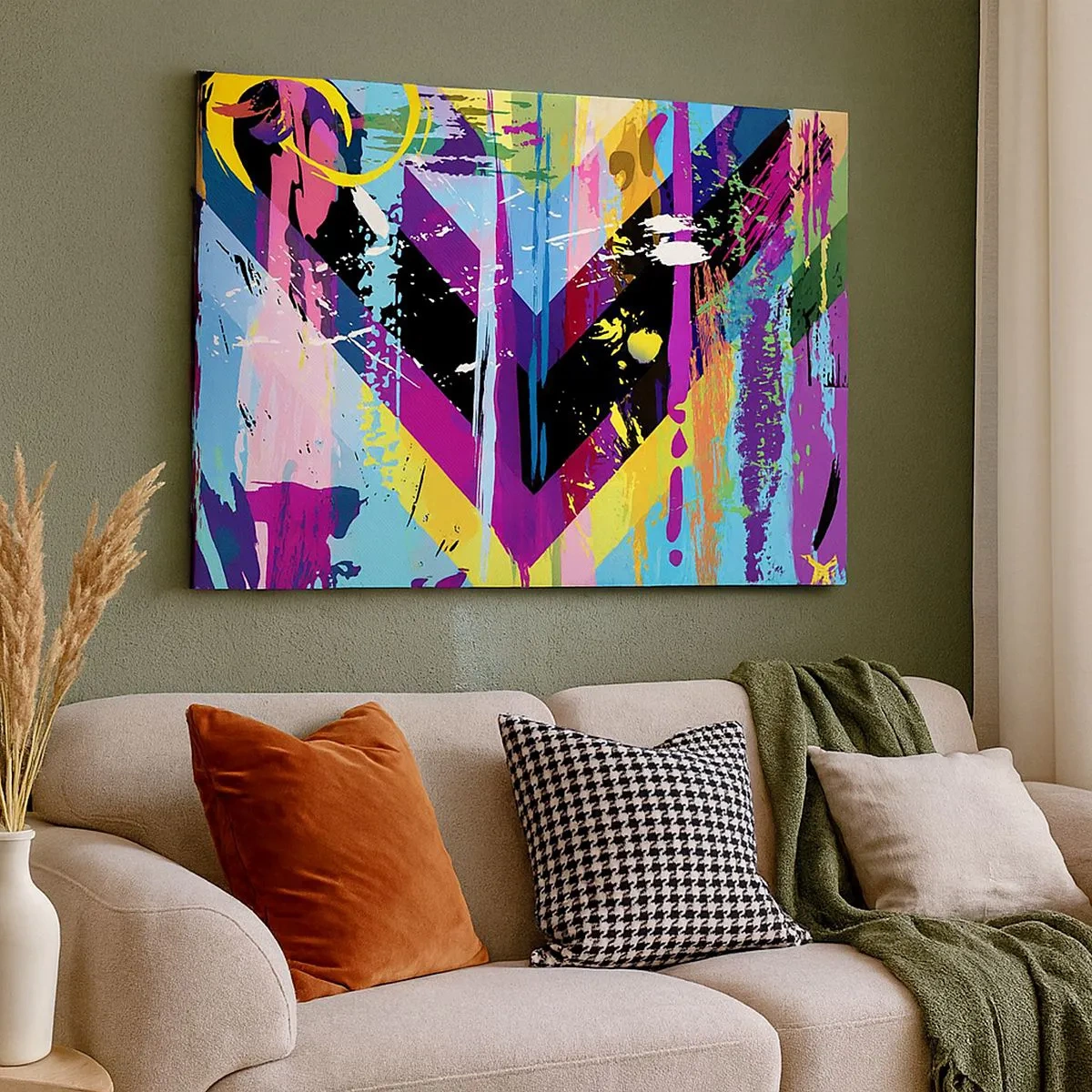 Lærredstryk - Billede på lærred - Abstrakt mønster med farverige geometriske former - 70x50cm - Fra top til bund - Moderne vægdekoration til stue og soveværelse ARTTOR