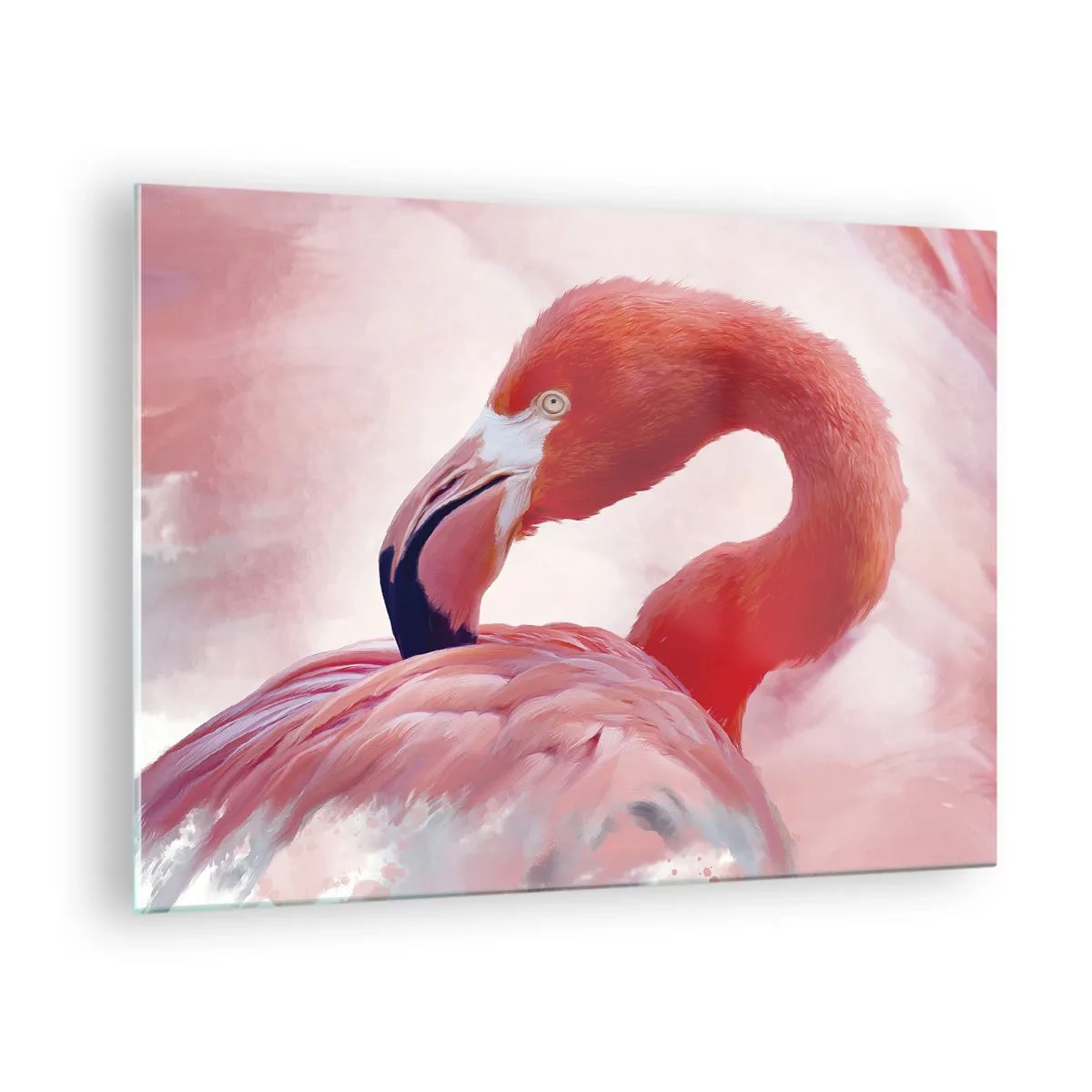 Billede på glas - En lyserød flamingo vender sig yndefuldt til siden - 70x50cm - Fugleskønhed - Moderne vægdekoration til stue og soveværelse ARTTOR