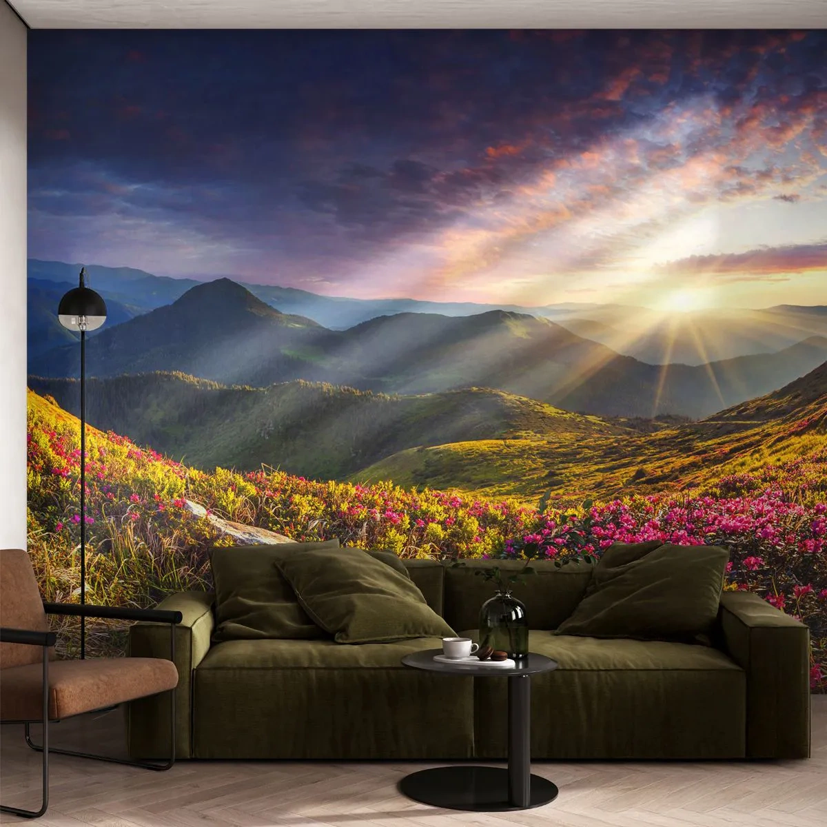 Fototapet Premium Sand - Friskheden af en morgen i bjergene - Landskab, Bjerge, Blomster - 100x70 cm