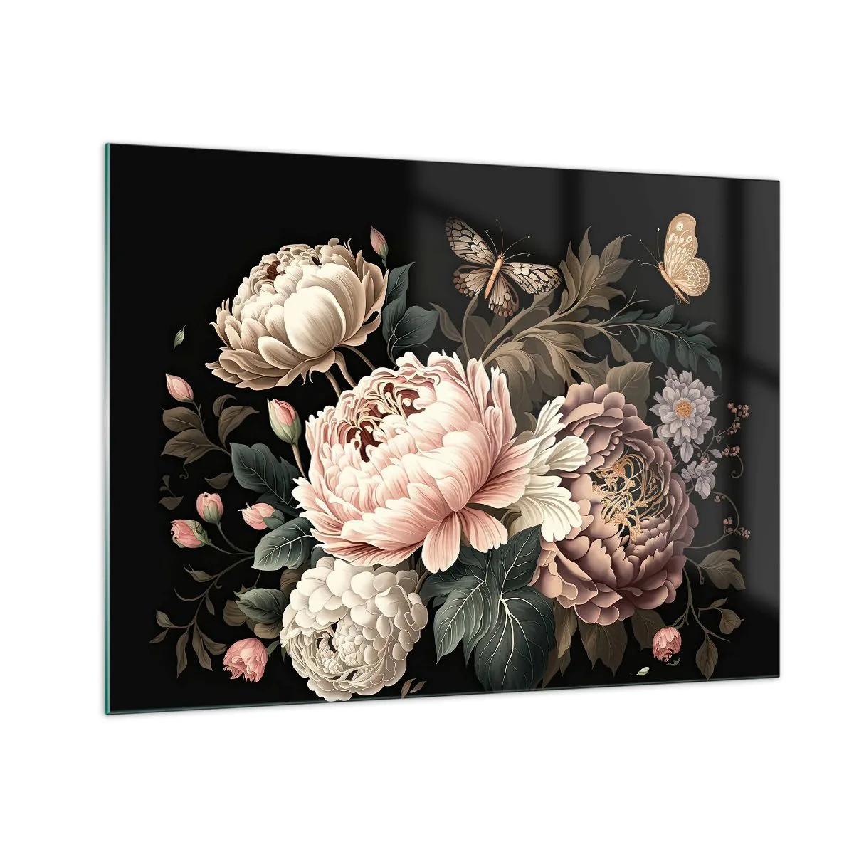 Billede på glas - Blomsterkomposition med sommerfugle på sort baggrund - 70x50cm - I barok stil - Moderne vægdekoration til stue og soveværelse ARTTOR
