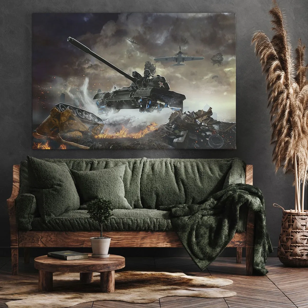 Lærredstryk - Billede på lærred - Kampscene med kampvogne og fly i baggrunden - 70x50cm - Kampen er frygtelig og smuk - Moderne vægdekoration til stue og soveværelse ARTTOR